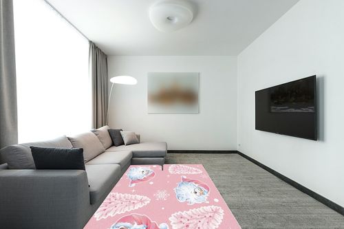 Pink Christmas Area Rug 5 x 8, Washable Bedroom Rug Non-Slip Kitchen Rugs Non Shedding Floor Cover Mat Runner Rug for Living Room Dining Room Outdoor Carpet Snowflake Xmas Tree Santa Claus in Modern Living Room with Grey Couch