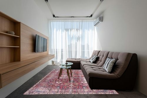 Safavieh Tucson Collection Area Rug - 8' x 10', Red & Beige, Persian Distressed Design, Non-Shedding Machine Washable & Slip Resistant Ideal for High Traffic Areas in Living Room, Bedroom (TSN174Q) in Grey Living Room with Brown Couch