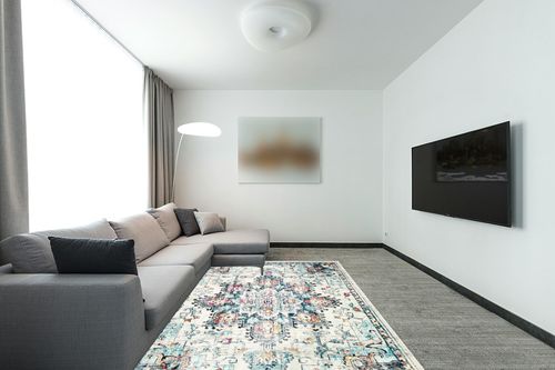 SAFAVIEH Madison Collection Area Rug - 6' x 9', Cream & Blue, Boho Chic Medallion Distressed Design, Non-Shedding & Easy Care, Ideal for High Traffic Areas in Living Room, Bedroom (MAD473B) in Modern Living Room with Grey Couch
