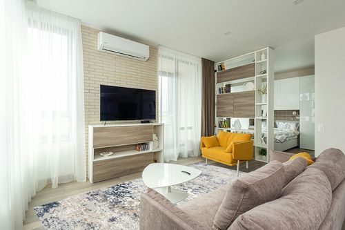 Area Rug Living Room Rugs - 8x10 Abstract Large Soft Indoor Washable Rug Neutral Modern Low Pile Carpet for Bedroom Dining Room Farmhouse Home Office - Beige Blue in Light Modern Living Room with TV