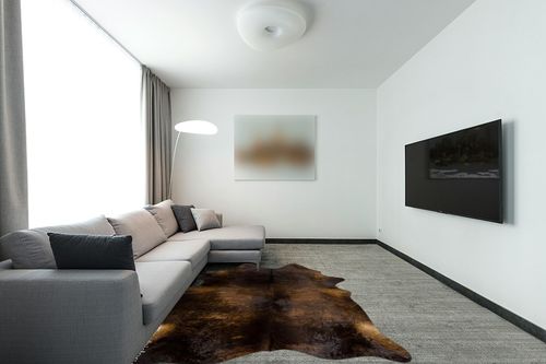 eCowhides Dark Brindle Brazilian Cowhide Area Rug, Cowskin Leather Hide for Home Living Room (XL) 7 x 6 ft in Modern Living Room with Grey Couch