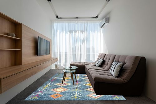 Eyely HOM105A-8 Moroccan Hype Tribal Love Geometric Indoor Area Rug Bohemian;Country & Floral;Southwestern, Bedroom, Kitchen, Living Room, Easy-Cleaning, Non-Shedding, 8 X 10, Dark Blue/Multi in Grey Living Room with Brown Couch