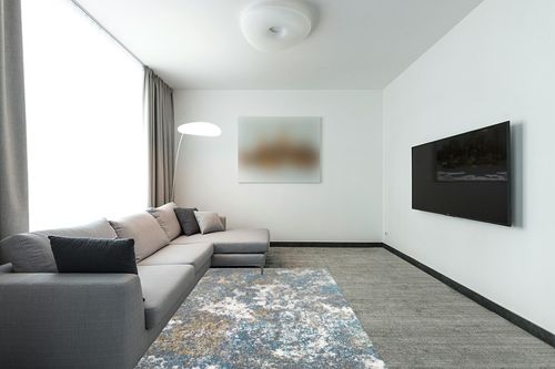 Turquoise Modern Stain Resistant Living Room Area Rug in Modern Living Room with Grey Couch