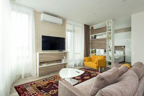 SAFAVIEH Aspen Collection Area Rug - 8' x 10', Red & Yellow, Handmade Boho Tribal Southwestern Wool, Ideal for High Traffic Areas in Living Room, Bedroom (APN404Q) in Light Modern Living Room with TV