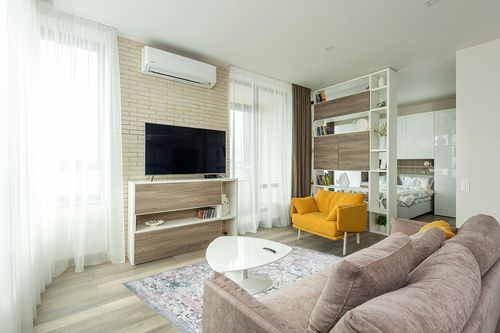 Traditional Persian Rug with Rubber Backing in Light Modern Living Room with TV