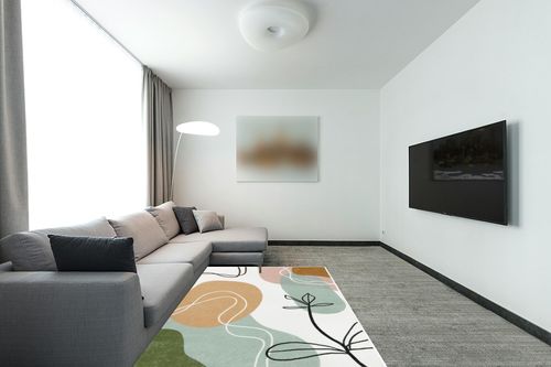 Wonnitar Boho Art 5x7 Area Rug,Modern Abstract Washable Living Room Rug,Minimalist Aesthetic Non-Slip Throw Rug for Bedroom,Non-Shedding Mid Century Floor Carpet for Dorm Den Bathroom,Pink/Green in Modern Living Room with Grey Couch