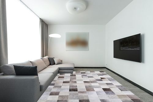 Sunshine Cowhides Cowhide Designer Rug Grey 9x11' in Modern Living Room with Grey Couch