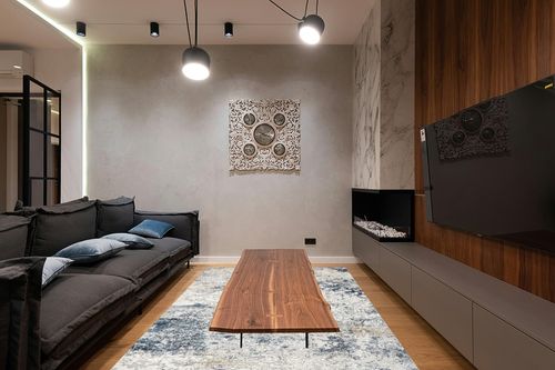 Area Rug Living Room Rugs - 6x9 Abstract Large Soft Indoor Washable Rug Neutral Modern Low Pile Carpet for Bedroom Dining Room Farmhouse Home Office - Beige Blue in Dark Wood Living Room with Black Couch