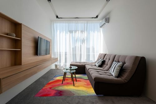 SAFAVIEH Paint Brush Collection Area Rug - 5'5" x 7'6", Fuchsia & Yellow, Non-Shedding Machine Washable & Slip Resistant Ideal for High Traffic Areas in Living Room, Bedroom (PTB123A) in Grey Living Room with Brown Couch
