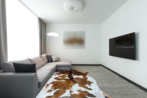 bonanza leathers Genuine Cowhide Rug Tricolor Size S/L/XL 5X6/6X7/7X8 FT (XL) in Modern Living Room with Grey Couch