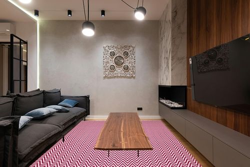 SAFAVIEH Montauk Collection Area Rug - 8' x 10', Red & Ivory, Handmade Chevron Cotton, Ideal for High Traffic Areas in Living Room, Bedroom (MTK812K) in Dark Wood Living Room with Black Couch