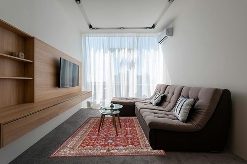 Rugland 6x9 Rug - Stain Resistant Washable Rug, Anti Slip Backing Rugs for Living Room, Vintage Tribal Area Rugs (TPR10-Burgundy, 6'x9') in Grey Living Room with Brown Couch