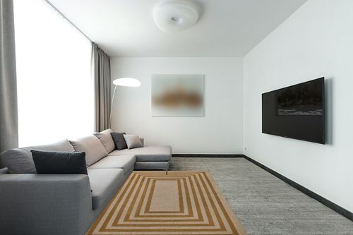 Lahome Washable Easy Jute Rug 5x7, Farmhouse Rugs for Living Room Modern Geometric Yellow Indoor Outdoor Rugs, Contemporary Non Slip Dining Mat Floor Carpet for Office Picnic in Modern Living Room with Grey Couch