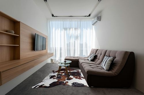 Genuine Tricolor Cowhide Rug XL 6 x 7-8 ft. - 180 x 240cm in Grey Living Room with Brown Couch
