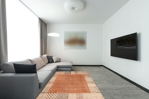 CASAVANI Collection Rectangular Rug - 5x8 Area Rug Orange Cotton Dhurrie Bordered Kilim Rug Indoor Outdoor Use Carpet Flatweave Rug High Traffic Area in Bedroom Dining Room Living Room in Modern Living Room with Grey Couch