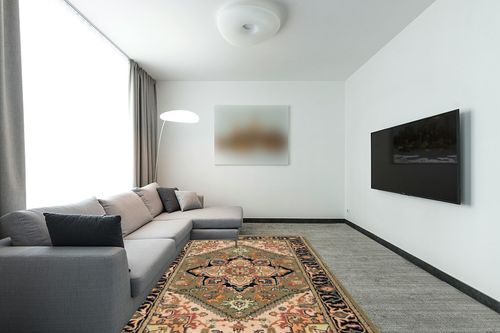 SAFAVIEH Heritage Collection Area Rug - 6' x 9', Green & Light Brown, Handmade Traditional Oriental Wool, Ideal for High Traffic Areas in Living Room, Bedroom (HG625Y) in Modern Living Room with Grey Couch