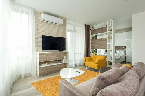 Rugs.com Zermatt Shag Collection Rug – 5' x 8' Sun Yellow Shag Rug Perfect for Bedrooms, Dining Rooms, Living Rooms in Light Modern Living Room with TV