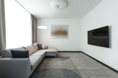 Nourison Astra Machine Washable Mid-Century Modern Ivory Blue 5'3" x 7' Area Rug, Easy-Cleaning, Non Shedding, Bed Room, Living Room, Dining Room, Kitchen (5x7) in Modern Living Room with Grey Couch