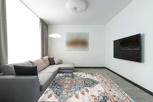 Well Woven Indira Manor Vintage Bohemian Medallion Oriental Blue 8x10 (7'10" X 9'10") Area Rug in Modern Living Room with Grey Couch