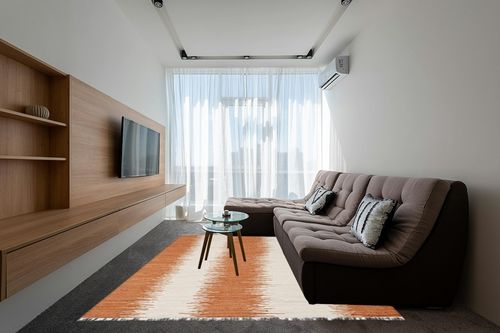 SAFAVIEH Montauk Collection Area Rug - 8' x 10', Orange, Handmade Stripe Fringe Cotton, Ideal for High Traffic Areas in Living Room, Bedroom (MTK751C) in Grey Living Room with Brown Couch