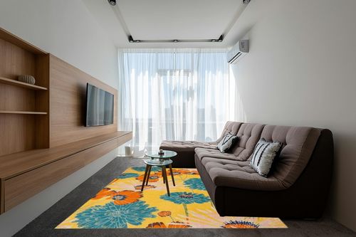 Nourison Allur Yellow Multicolor 7'10" x 9'10" Area Rug, Modern, Floral, Bed Room, Living Room, Dining Room, Kitchen, Easy Cleaning, Non Shedding, (8' x 10') in Grey Living Room with Brown Couch