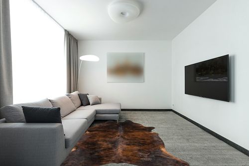 Tomtom Cowhides Brindle Dark Cowhide Rug 100% Natural Leather Rugs 7' x '6 in Modern Living Room with Grey Couch