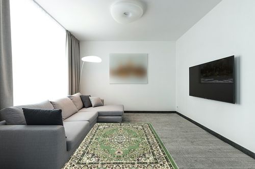 Antep Rugs Oriental 5x7 Traditional Medallion Indoor Area Rug Siesta (Green Beige, 5'3" x 7') in Modern Living Room with Grey Couch