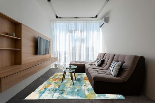 JONATHAN Y CTP100A-8 Contemporary POP Modern Abstract Waterfall Blue/Cream 8 ft. x 10 ft. Area-Rug, Bohemian, Easy-Cleaning, for Bedroom, Kitchen, Living Room, Non Shedding in Grey Living Room with Brown Couch