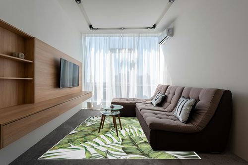 CAREMEE 8x10 Washable Area Rug Palm Tree Leaf Area Rug Indoor Throw Carpet Rug Non Slip Low Profile Non-Shedding Large Area Rug for Living Room Bedroom Kitchen, 8' x 10' Green in Grey Living Room with Brown Couch