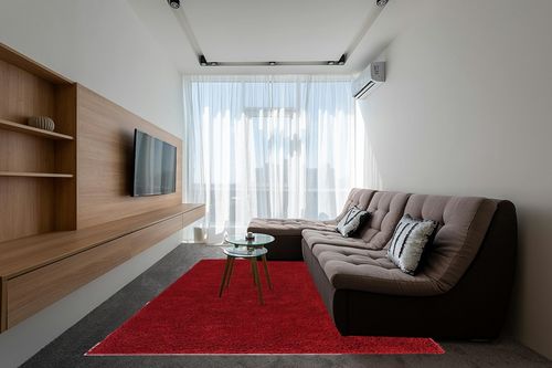 Everyday Shag Rug Red in Grey Living Room with Brown Couch