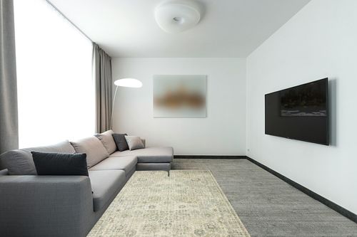 Loloi II Skye Collection SKY-14 NATURAL / SAGE, Traditional 5'-0" x 7'-6" Area Rug in Modern Living Room with Grey Couch