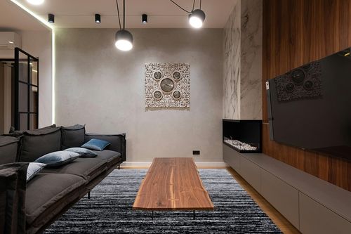 ‎Ivory / Silver ‎Retro ‎Non shedding, Stain Resistant, Pet friendly ‎Living Room ‎Area Rug in Dark Wood Living Room with Black Couch