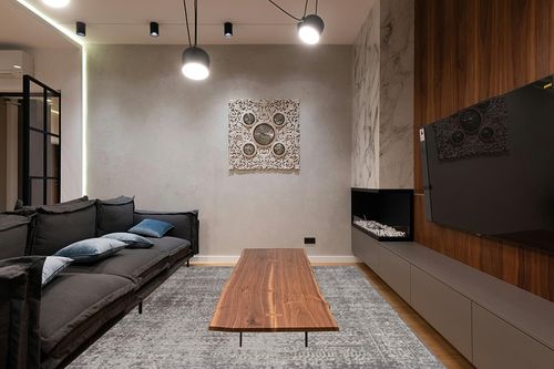 Bloom Rugs Vintage Geometric Gray Cream Area Rug - Boho Distressed 8x10 Rug for Living Room, Bedroom and Kitchen (7'10" x 10') in Dark Wood Living Room with Black Couch