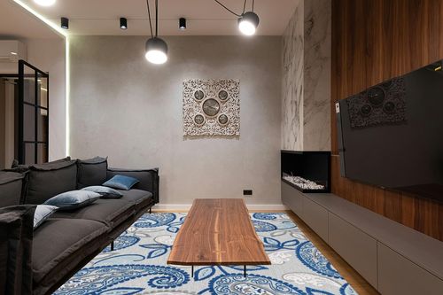 JONATHAN Y AMC102C-8 Julien Paisley High-Low Indoor Outdoor Area-Rug Bohemian Floral Easy-Cleaning High Traffic Bedroom Kitchen Backyard Patio Porch Non Shedding, 8 X 10, Blue/Light Gray in Dark Wood Living Room with Black Couch