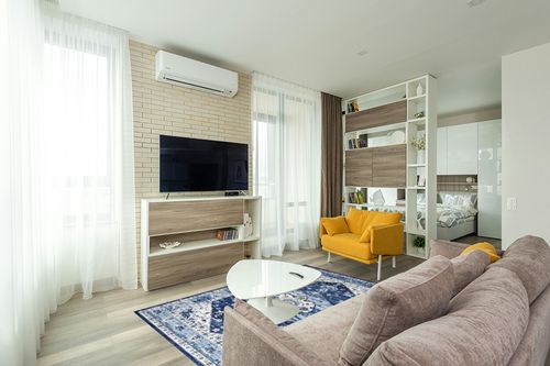 GAOMON Bohemian Washable Area Rug 5x7 Vintage Living Room Rug, Large Non-Slip Boho Bedroom Throw Mat,Blue Floral Printed Non-Shedding Carpet for Dining Room Dorm,Blue in Light Modern Living Room with TV