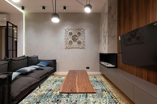 Unique Loom Monterey Collection Vintage Bohemian Inspired with Distressed Tribal Design Area Rug, 9 x 12 ft, Blue/Yellow in Dark Wood Living Room with Black Couch