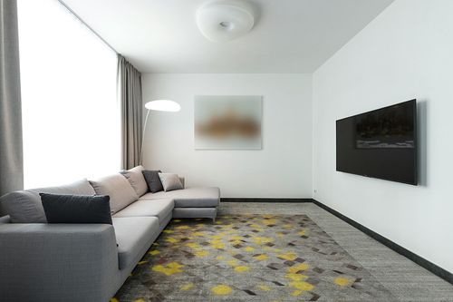 Blackamoor Leather Hide Patchwork Area Rug Handmade Cowhide Contemporary Grey / Yellow Style (5'x8' ft) in Modern Living Room with Grey Couch