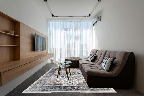 8x10 Area Rugs for Living Room: Washable Rugs Carpet for Living Room with Non-Slip Backing Non-Shedding Stain Resistant, Boho Floral Large Rugs for Dining Room Nursery Home Office (Blue Multi) in Grey Living Room with Brown Couch