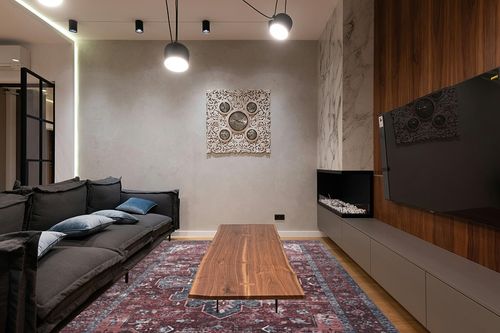 Adiva Rugs Machine Washable Area Rug Terra in Dark Wood Living Room with Black Couch