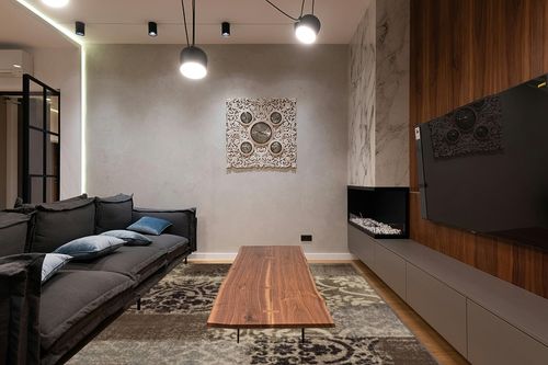 Superior Bristol Collection Area Rug, 8mm Pile Height with Jute Backing, Chic Geometric Damask Patchwork Design, Fashionable and Affordable Woven Rugs - 8' x 10' Rug, Ivory & Light Blue in Dark Wood Living Room with Black Couch
