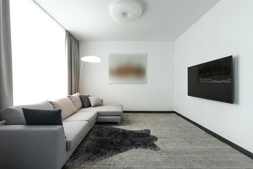 Faux Fur Bearskin Rug, Realistic Shag, Area Rug, Faux Sheepskin, Carpet, Lodge Rug, Cabin Rug, Soft Fur with Real Bonded Suede Back, Hand Made in America in Modern Living Room with Grey Couch