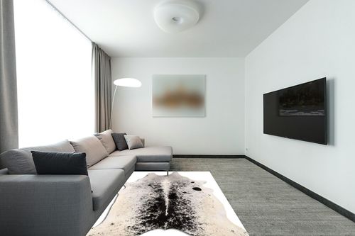 Cowhide Area Rug in Modern Living Room with Grey Couch