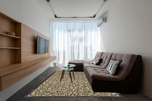 JONATHAN Y Madrid Vintage Filigree Textured Weave Indoor/Outdoor Black/Khaki 8 ft. x 10 ft. Area-Rug, Classic,Easy-Cleaning,HighTraffic,LivingRoom,Backyard, Non Shedding, SMB107A-8 in Grey Living Room with Brown Couch