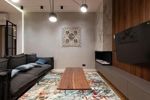 SAFAVIEH Madison Collection Area Rug - 9' x 12', Grey & Blue, Modern Abstract Design, Non-Shedding & Easy Care, Ideal for High Traffic Areas in Living Room, Bedroom (MAD471F) in Dark Wood Living Room with Black Couch