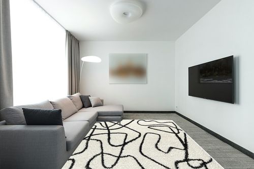 Abani Abstract Design Ivory & Black 7'9" x 10'2" (8x10) Bedroom Carpet Rugs No-Shed Bold Contemporary Squiggle Line Print Shag Area Rug in Modern Living Room with Grey Couch
