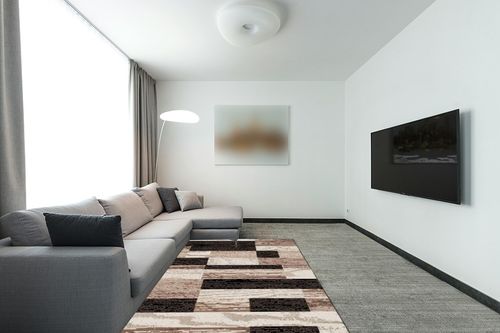 SUPERIOR Indoor Area Rug, Jute Backed, Modern Geometric Patchwork Floor Decor for Bedroom, Office, Living Room, Entryway, Hardwood Floors, Rockwood Collection, 5' x 8', Chocolate in Modern Living Room with Grey Couch