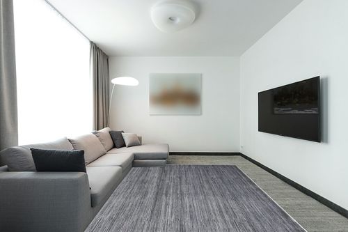 SAFAVIEH Vision Collection Area Rug - 8' x 10', Grey, Modern Ombre Tonal Chic Design, Non-Shedding & Easy Care, Ideal for High Traffic Areas in Living Room, Bedroom (VSN606D) in Modern Living Room with Grey Couch