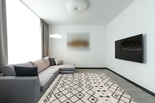 JONATHAN Y MOH208A-8 Aksil Moroccan Beni Souk Indoor Farmhouse Area-Rug Bohemian Minimalistic Geometric Easy-Cleaning Bedroom Kitchen Living Room Non Shedding, 8 ft x 10 ft, Cream/Black in Modern Living Room with Grey Couch