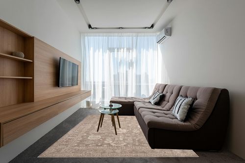 Loloi Chris Loves Julia Louisa Collection LOI-03 Taupe/Ivory 7'-10" x 10', .38" Pile Height, Area Rug in Grey Living Room with Brown Couch