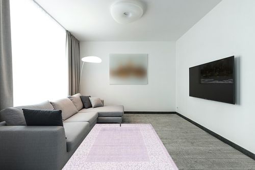 SAFAVIEH Passion Collection Area Rug - 5' x 7', Purple & Beige, Non-Shedding & Easy Care, Ideal for High Traffic Areas in Living Room, Bedroom (PASB407V) in Modern Living Room with Grey Couch